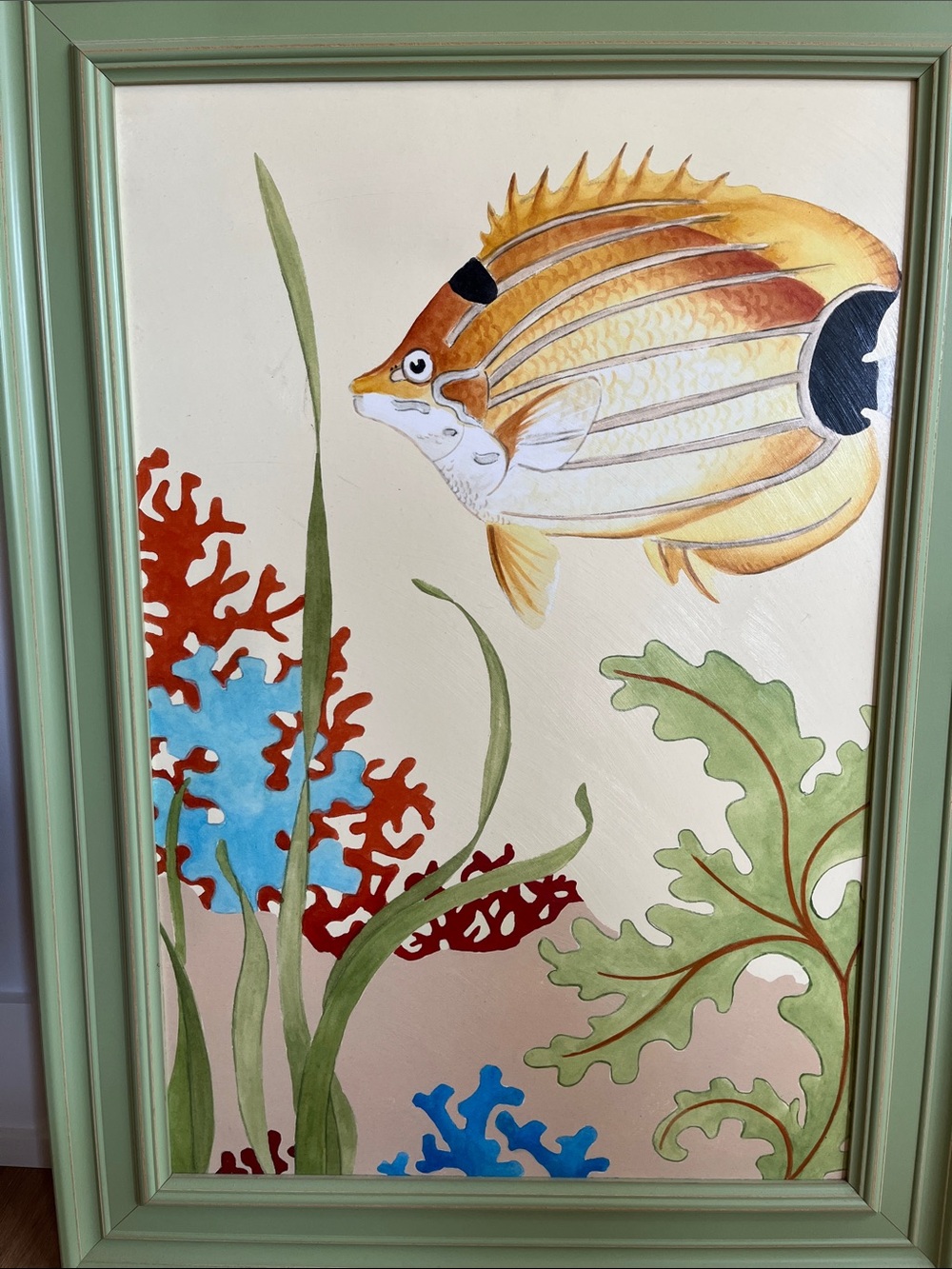 Framed Coastal Fish Wall Art - Green Frame, Yellow Fish